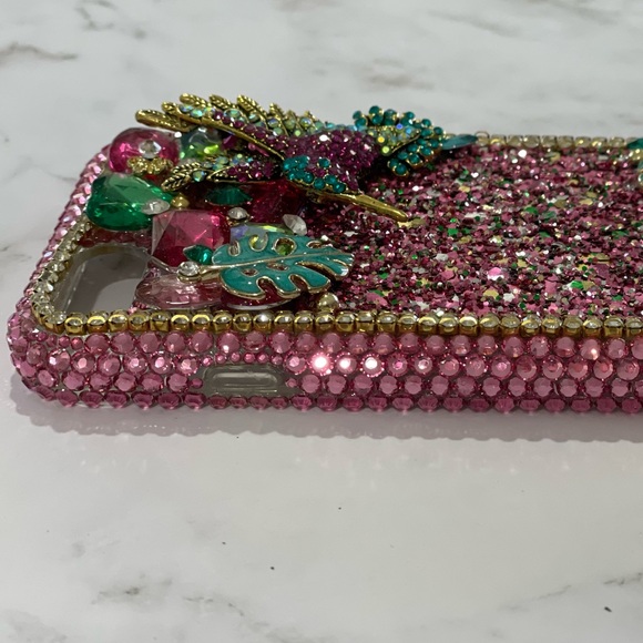 iPhone 7/8 case Pink crystals glitter tropical with hummingbird greenery - Picture 3 of 5